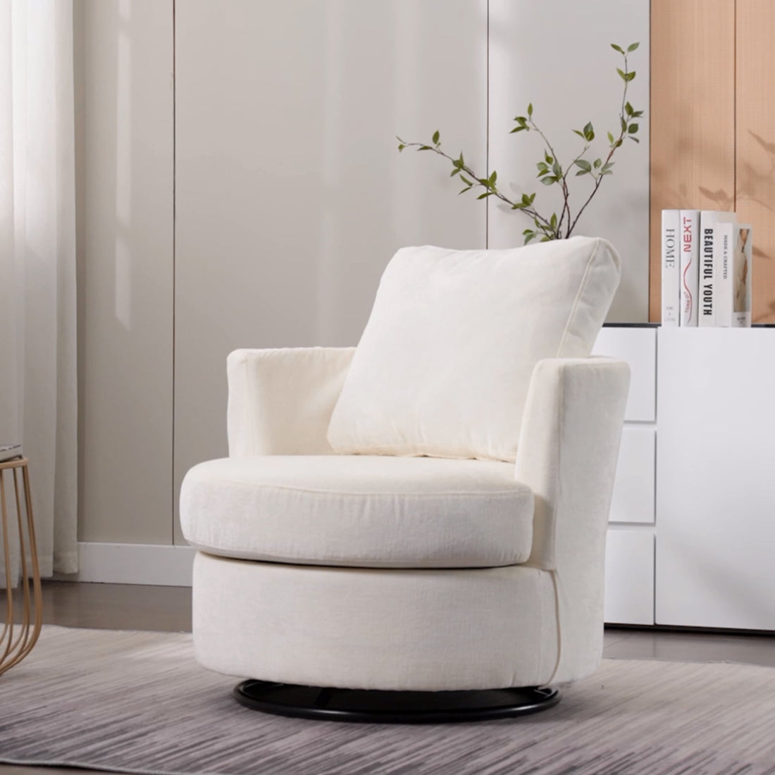 FFH Chenille Swivel Accent Chair, Barrel Chair Comfy Round Armchair Sofa Chair Sherpa Chair for Living Room & Nursery, Gray