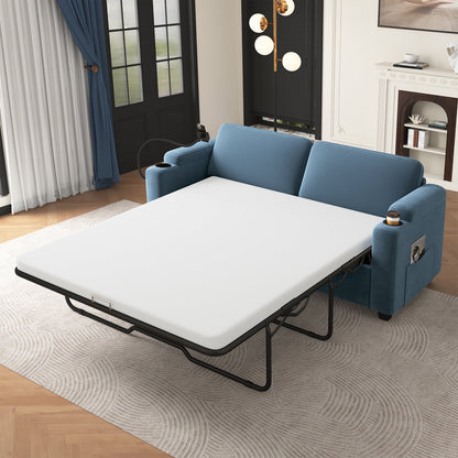 FFH Convertible Pull Out Sofa with USB Ports &amp; Phone Holder, Upholstered Corduroy Sleeper Sofa with Side Pockets and Cup Holders, Loveseat Lounge Couch for Living Room