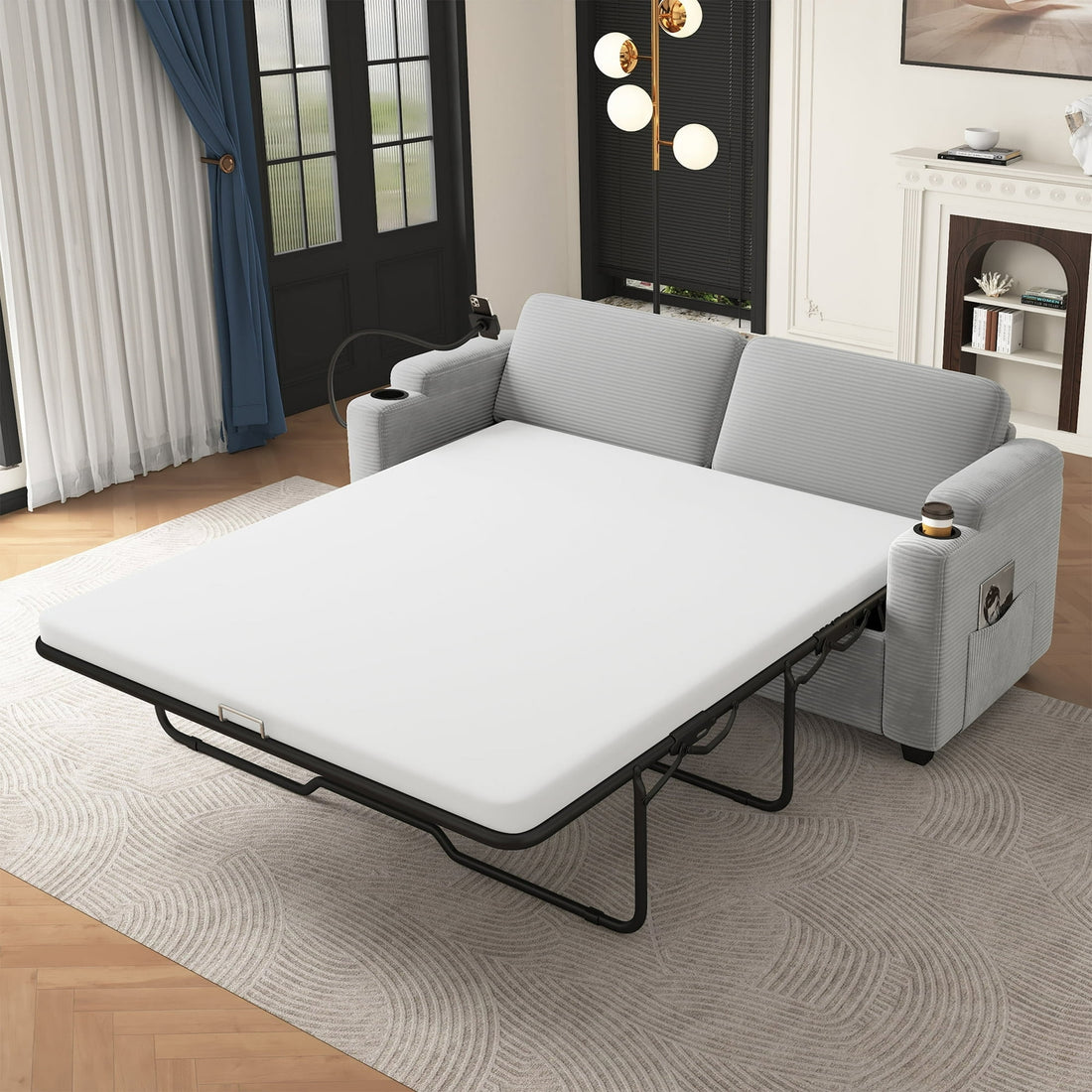 FFH Convertible Pull Out Sofa with USB Ports &amp; Phone Holder, Upholstered Corduroy Sleeper Sofa with Side Pockets and Cup Holders, Loveseat Lounge Couch for Living Room