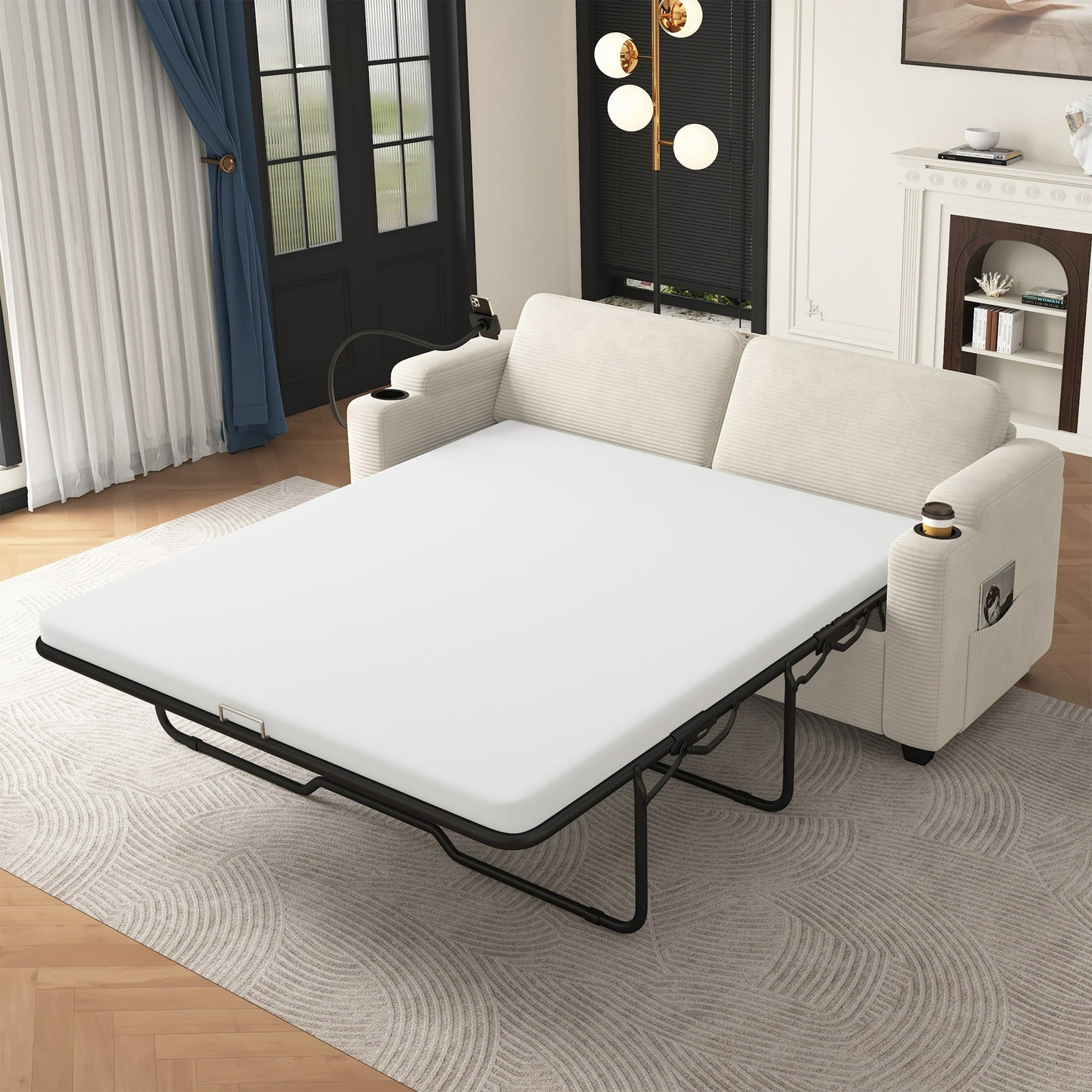 FFH Convertible Pull Out Sofa with USB Ports &amp; Phone Holder, Upholstered Corduroy Sleeper Sofa with Side Pockets and Cup Holders, Loveseat Lounge Couch for Living Room