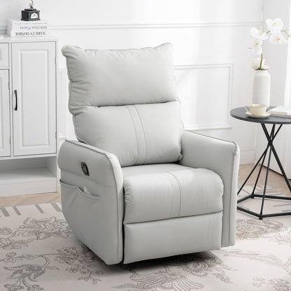 FFH Leather Swivel Glider Recliner, Modern Upholstered Glider Rocker with Side Pockets, Tall Back Swivel Rocking Chair, Home Theater Seating for Living Room, Bedroom, Light Gray