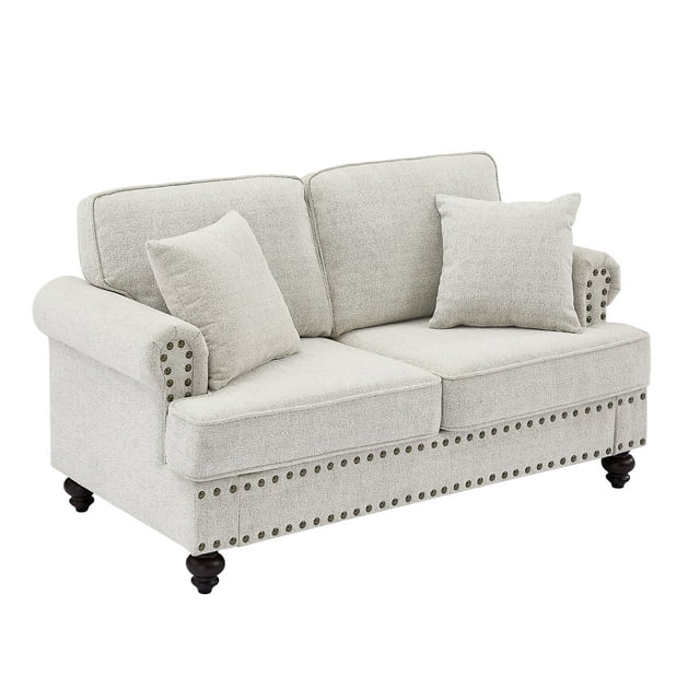 FFH Mid-Century Loveseat Sofa, 2 Seater Sofa with Nailhead, 61&quot; Chenille Upholstered Couches for Living Room, White