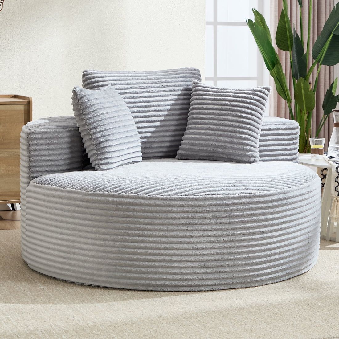 Muumblus Oversized Round Lounge Chaise Chair Indoor,Corduroy Boneless Cloud Couch with 3 Pillows, No Assembly Required, Modern Accent Chair for Living Room, Light Gray