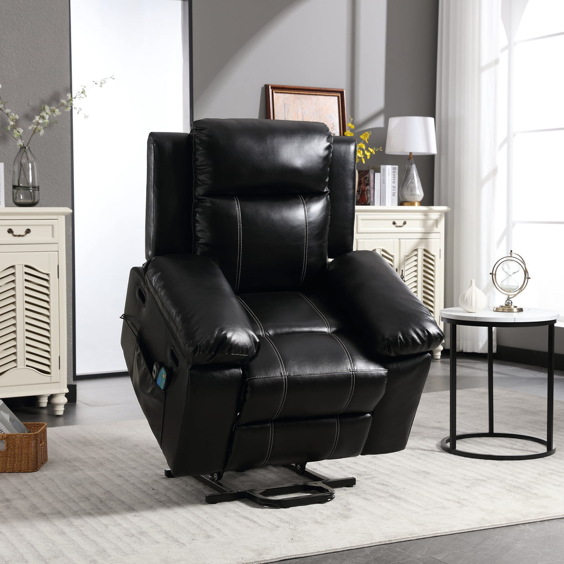 FFH Power Lift Recliner Chair Recliners for Elderly, Heat and Massage, PU Leather Sofa Chair for Living Room Bedroom, Black