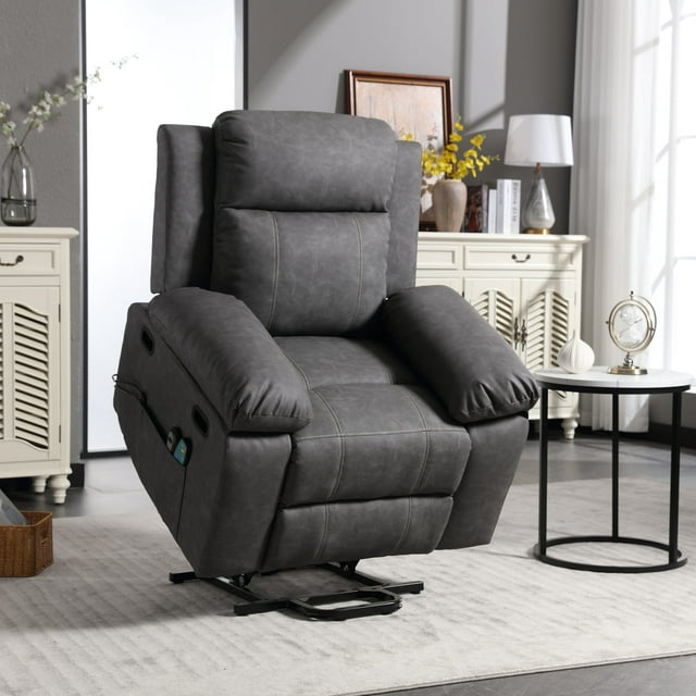 FFH Power Lift Recliner Chair Recliners for Elderly, Heat and Massage, PU Leather Sofa Chair for Living Room Bedroom, Black