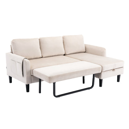 FFH Sectional Sleeper Sofa with Pull Out Bed, Modern Sectional Sofa with Storage Shaise, Pull Out Sofa Bed for Living Room, Beige Fabric