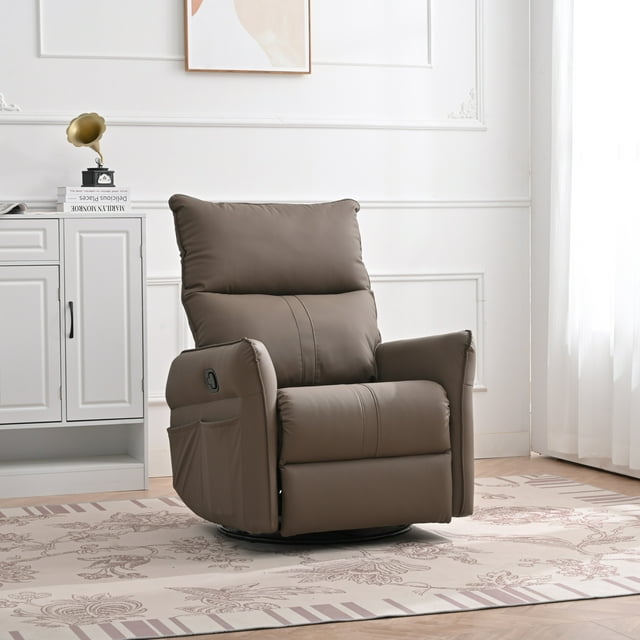 FFH Leather Swivel Glider Recliner, Modern Upholstered Glider Rocker with Side Pockets, Tall Back Swivel Rocking Chair, Home Theater Seating for Living Room, Bedroom, Light Gray