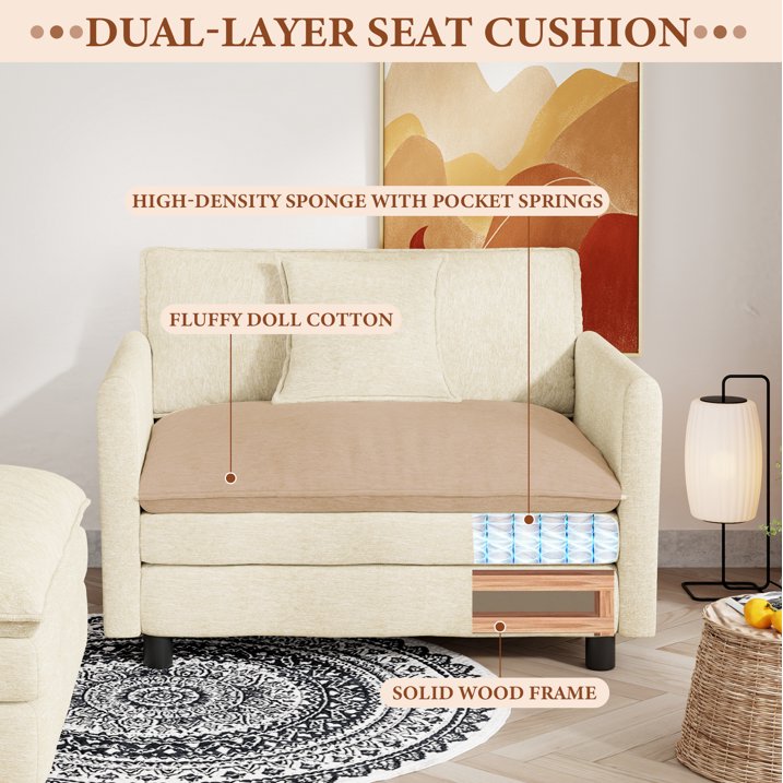 FFH Oversized Chair with Ottoman, Chenille Accent Armchair, Lounge Chair Indoor, Cloud Sofa Chair for Living Room, Bedroom, Beige