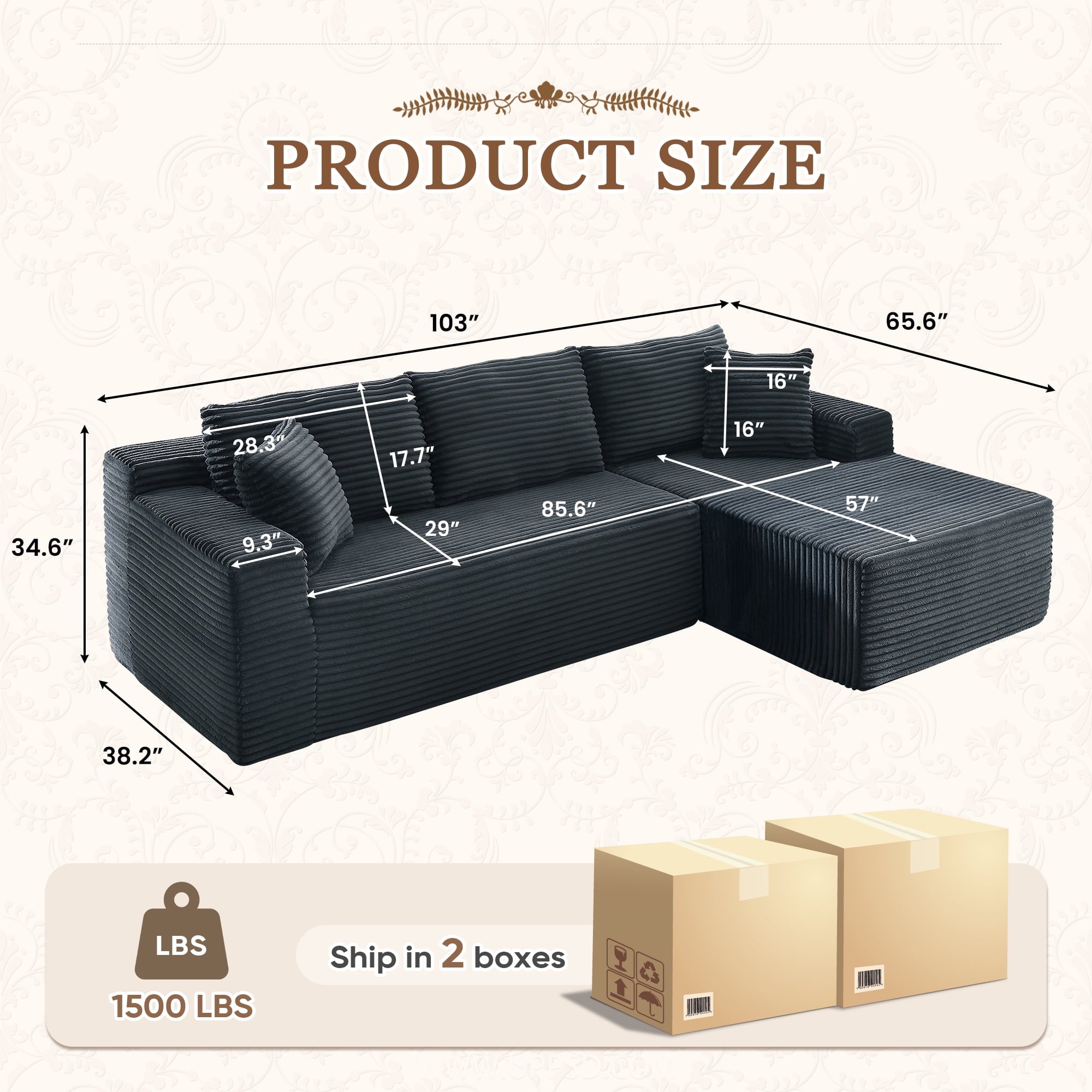 FFH Modular Sectional Sofa, Oversized L-Shape Cloud Couch, Modern Corduroy Sleeper Couches for Living Room, No Assembly Required, Dark Grey (Right Facing Chaise)
