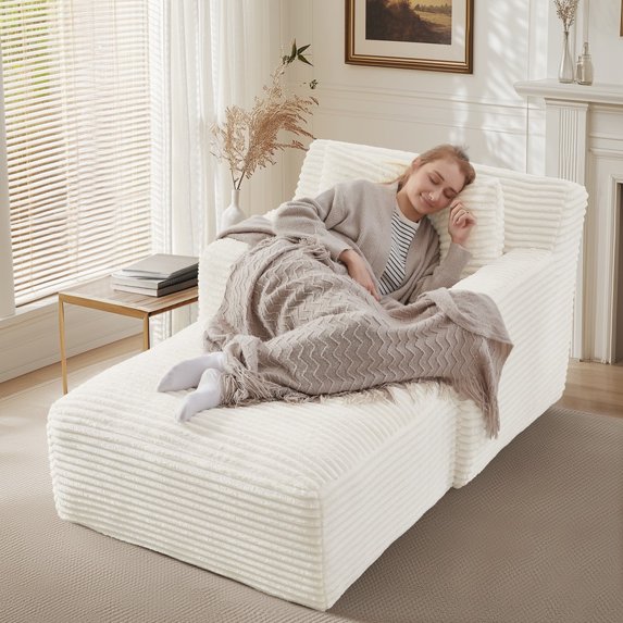 FFH 65.4" Chaise Lounge Indoor, Modern Corduroy Fabric Indoor Lounge Chair, Sleeper Sofa for Living Room, Small Space, White