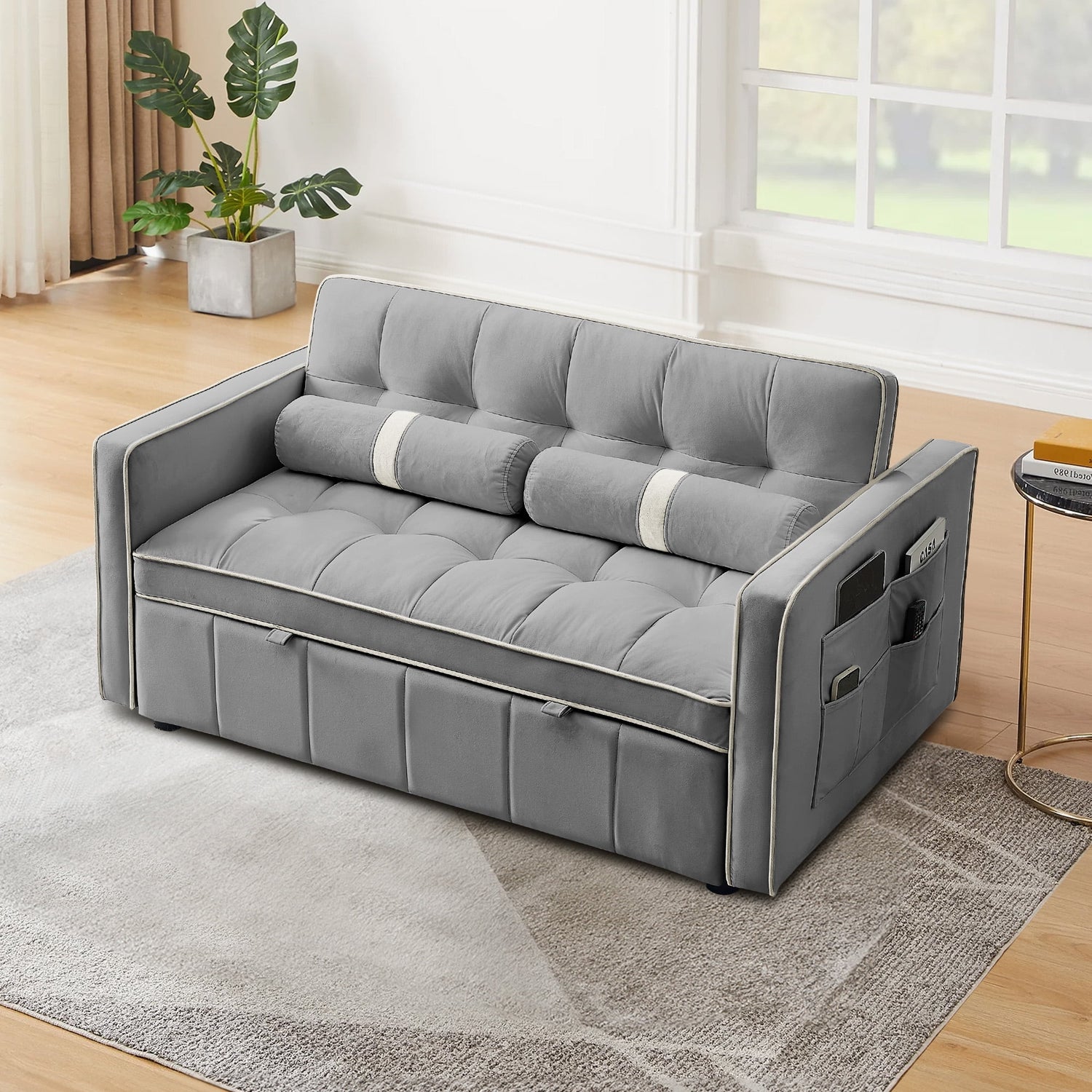 Dinosisco Convertible Sofa Bed, 55&quot; Pull Out Sofa Bed - Tufted Velvet Loveseat Sleeper Sofa Couch for Living Room, Gray