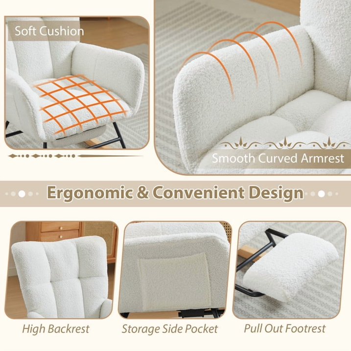 FFH Nursery Rocking Chair,Rocker Recliner Chair with High Backrest,Teddy Upholstered Glider Rocker with Adjustable Footrest,Glider Recliner,Reading Chair for Bed Room