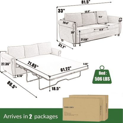 FFH Queen Size Pull Out Sofa Bed, 2-in-1 Convertible Sleeper Couches with Memory Foam Mattress, 3 Seat Sleeper Couch Beds for Living Room, Brown