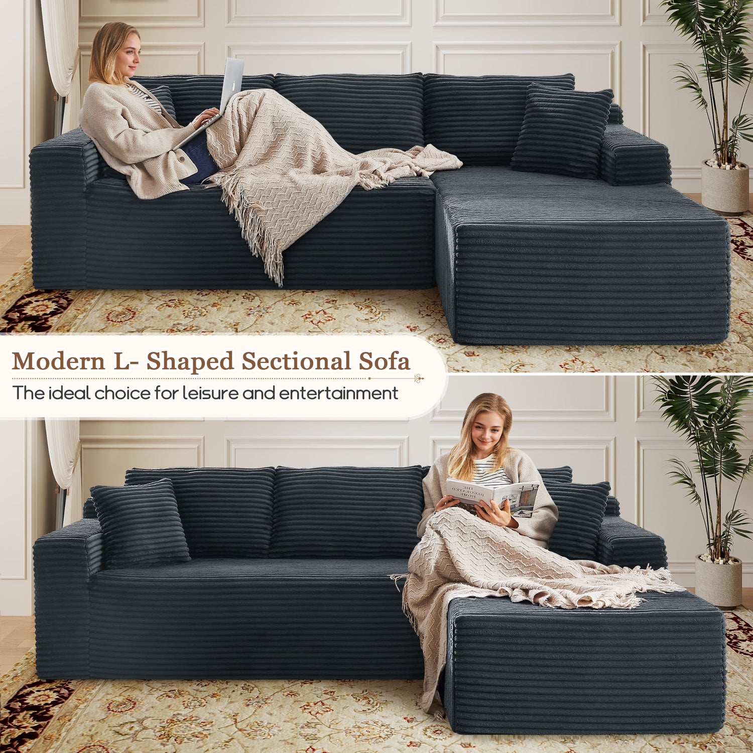 FFH Modular Sectional Sofa, Oversized L-Shape Cloud Couch, Modern Corduroy Sleeper Couches for Living Room, No Assembly Required, Dark Grey (Right Facing Chaise)