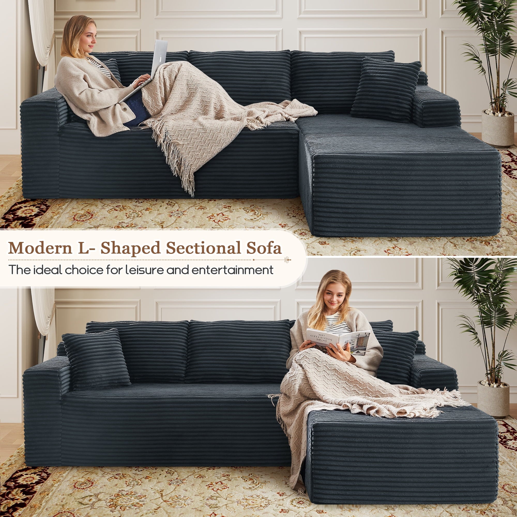 FFH Modular Sectional Sofa, Oversized L-Shape Cloud Couch, Modern Corduroy Sleeper Couches for Living Room, No Assembly Required, Dark Grey (Right Facing Chaise)