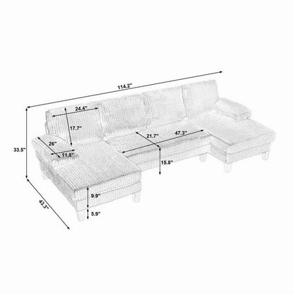 FFH 114" U Shaped Sectional Sofa, Oversized Modular Cloud Couch with Double Chaise, Corduroy 4 Seater Sofa Set for Living Room, Beige