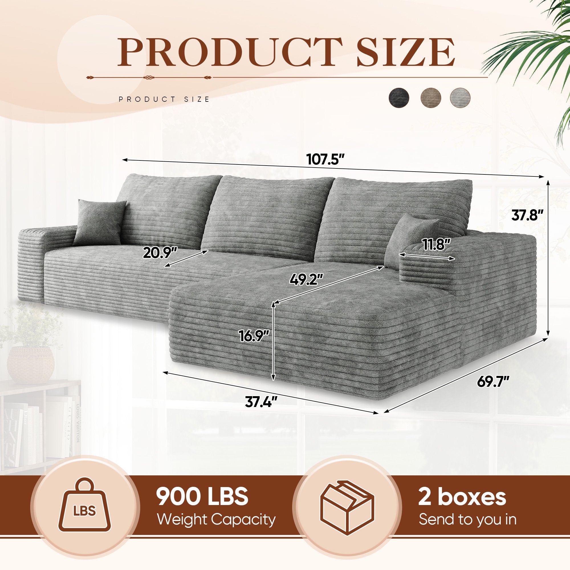 FFH 107&quot; Cloud Sectional Sofa with Right Chaise, Cozy L-Shaped Modular Sofa, Plush Corduroy Sleeper Bed Couch, No Assembly Required, Gray