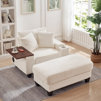 FFH Oversized Living Room Chair with Bluetooth Speaker, Ottoman, Rotating Table Board &amp; USB, Cozy Indoor Lounge Reading Armchair, White Corduroy