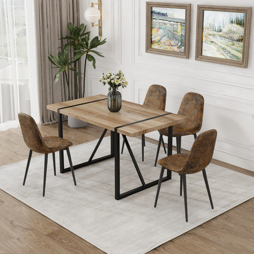 FFH MDF Wood Colour Dining Table and Modern Dining Chairs Set of 4, Mid Century Wooden Kitchen Table Set, Metal Base & Legs, Dining Room Table and Suede Chairs