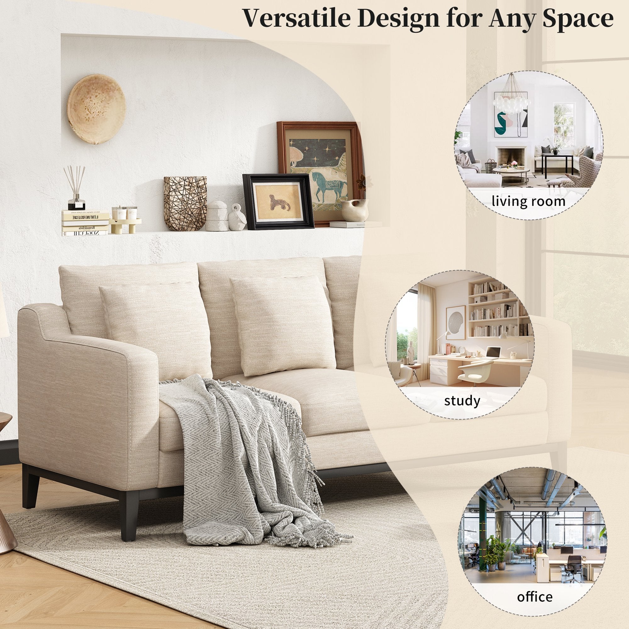 FFH 3-Seater Fabric Lounge Sofa with 3 Pillows &amp; Deep Seat, Modern Comfy Upholstered Couch with Wood Legs, 80.5&quot;*34&quot;*34&quot;