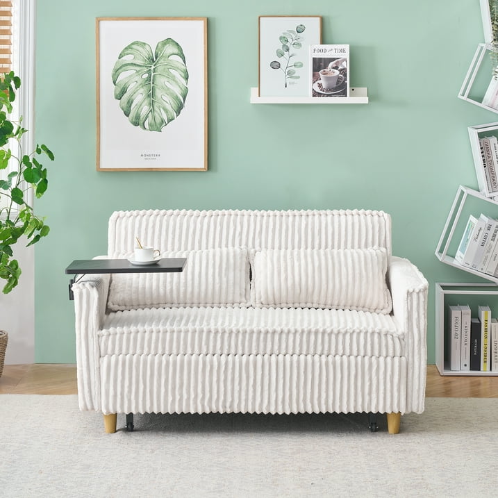 FFH 3 in 1 Convertible Pull Out Sofa with Tabletop &amp; USB Ports, Sleeper Sofa Bed with 2 Soft Pillows, Upholstered Comfy Lounge Corduroy Couch with 3-Level Adjustable Angle Backrest