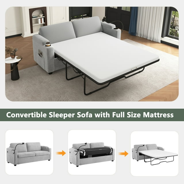 FFH Convertible Pull Out Sofa with USB Ports &amp; Phone Holder, Upholstered Corduroy Sleeper Sofa with Side Pockets and Cup Holders, Loveseat Lounge Couch for Living Room