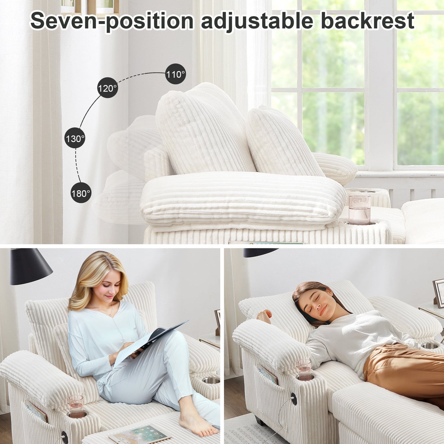 FFH Living Room Chair with Ottoman, 7-Speed Adjustable Backrest, USB &amp; Storage Arms, Cozy Indoor Corduroy Lounge Armchair, Beige