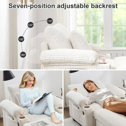 FFH Living Room Chair with Ottoman, 7-Speed Adjustable Backrest, USB &amp; Storage Arms, Cozy Indoor Corduroy Lounge Armchair, Beige