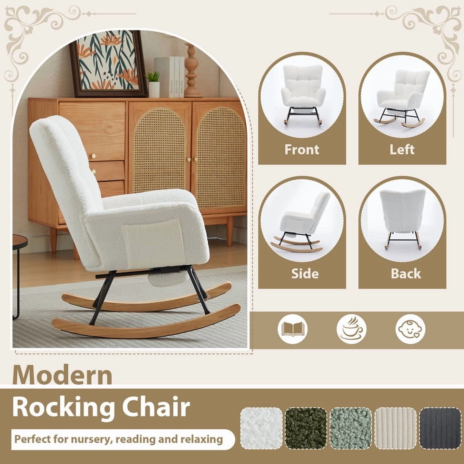 FFH Nursery Rocking Chair,Rocker Recliner Chair with High Backrest,Teddy Upholstered Glider Rocker with Adjustable Footrest,Glider Recliner,Reading Chair for Bed Room