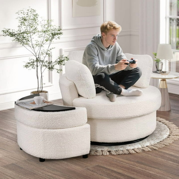 FFH 42&quot; Oversized Swivel Accent Chair with Storage Ottoman, Comfy Teddy Armchair for Living Room, 360-Degree Swivel Barrel Chair, Metal Base