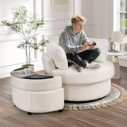 FFH 42&quot; Oversized Swivel Accent Chair with Storage Ottoman, Comfy Teddy Armchair for Living Room, 360-Degree Swivel Barrel Chair, Metal Base