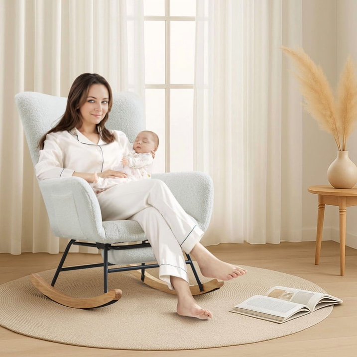 FFH Nursery Rocking Chair,Rocker Recliner Chair with High Backrest,Teddy Upholstered Glider Rocker with Adjustable Footrest,Glider Recliner,Reading Chair for Bed Room
