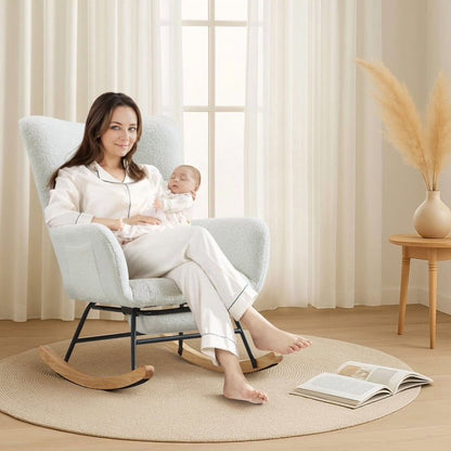 FFH Nursery Rocking Chair,Rocker Recliner Chair with High Backrest,Teddy Upholstered Glider Rocker with Adjustable Footrest,Glider Recliner,Reading Chair for Bed Room