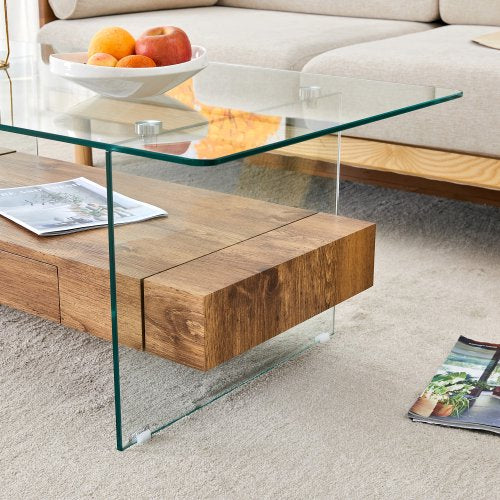 FFH 43.3 Inch Modern Coffee Table with Storage Drawer for Living Room,Clear Tempered Glass and Natural Wood Grain,Tea Table Suitable for Waiting Room,Side Coffee Table with Lower Shelf
