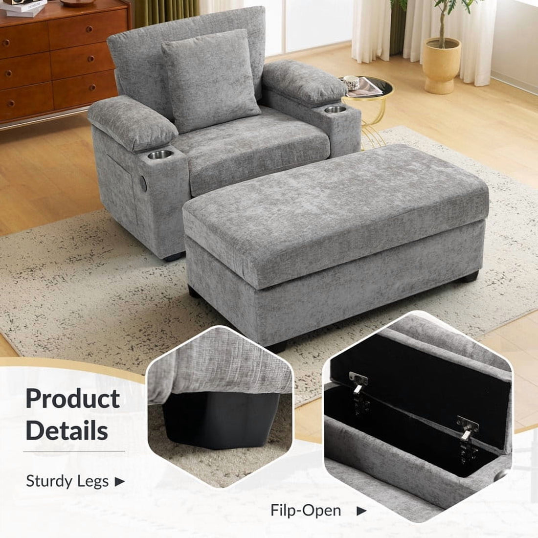 FFH Accent Chair, Modern Oversized Chair with Ottoman, Chenille Comfy Sofa Bed with Cup Holders, Charging Ports and Storage Space