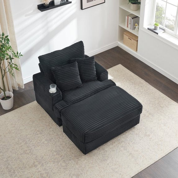 FFH Oversized Chair with Ottoman, Modern Accent Chair with Cup Holder, Corduroy Single Sofa Reading Chair for Living Room, Bedroom, Office