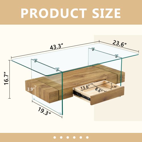 FFH 43.3 Inch Modern Coffee Table with Storage Drawer for Living Room,Clear Tempered Glass and Natural Wood Grain,Tea Table Suitable for Waiting Room,Side Coffee Table with Lower Shelf