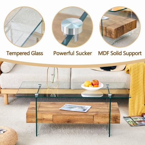 FFH 43.3 Inch Modern Coffee Table with Storage Drawer for Living Room,Clear Tempered Glass and Natural Wood Grain,Tea Table Suitable for Waiting Room,Side Coffee Table with Lower Shelf