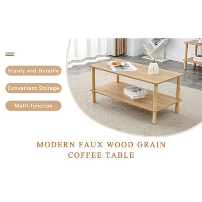 FFH Modern 2-Tier Coffee Table for Living Room Furniture,40 Inch Rectangular Center Table with Open Storage Shelf,Rounded Rubberwood legs,Stable and Durable,Easy Assembly