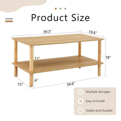 FFH Modern 2-Tier Coffee Table for Living Room Furniture,40 Inch Rectangular Center Table with Open Storage Shelf,Rounded Rubberwood legs,Stable and Durable,Easy Assembly