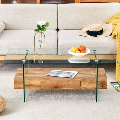 FFH 43.3 Inch Modern Coffee Table with Storage Drawer for Living Room,Clear Tempered Glass and Natural Wood Grain,Tea Table Suitable for Waiting Room,Side Coffee Table with Lower Shelf