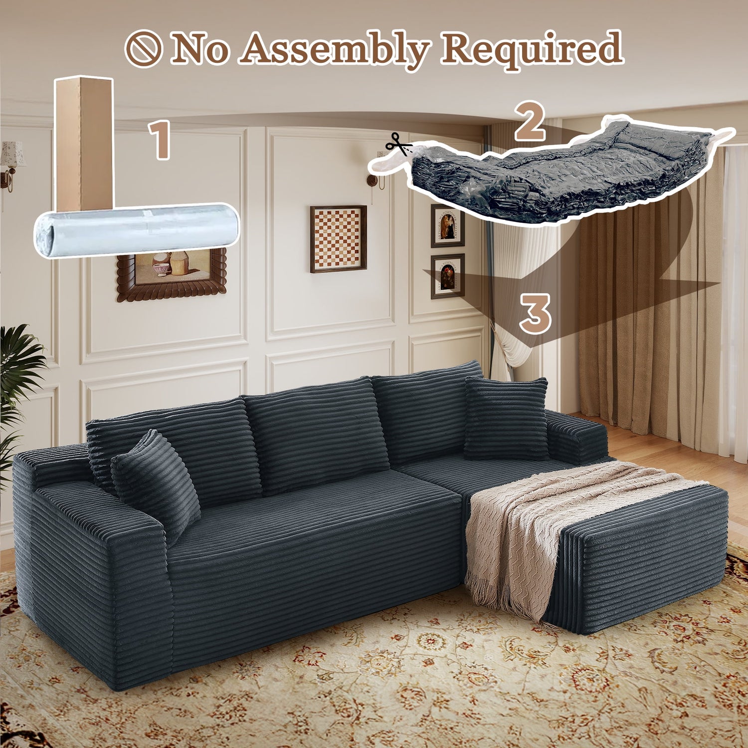 FFH Modular Sectional Sofa, Oversized L-Shape Cloud Couch, Modern Corduroy Sleeper Couches for Living Room, No Assembly Required, Dark Grey (Right Facing Chaise)