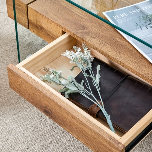 FFH 43.3 Inch Modern Coffee Table with Storage Drawer for Living Room,Clear Tempered Glass and Natural Wood Grain,Tea Table Suitable for Waiting Room,Side Coffee Table with Lower Shelf