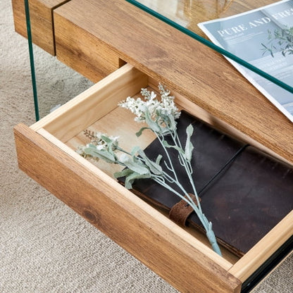 FFH 43.3 Inch Modern Coffee Table with Storage Drawer for Living Room,Clear Tempered Glass and Natural Wood Grain,Tea Table Suitable for Waiting Room,Side Coffee Table with Lower Shelf