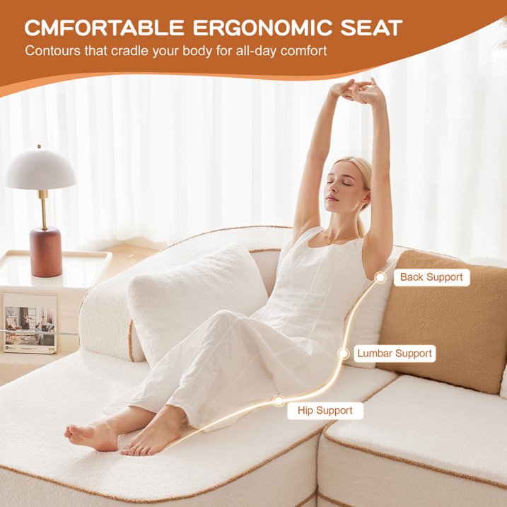 FFH 106" Cloud Sectional Couch, Modern Modular Sofa with L-Shape Chaise, Teddy Sofa for Living Room, No Assembly Required (White, Right Chaise)