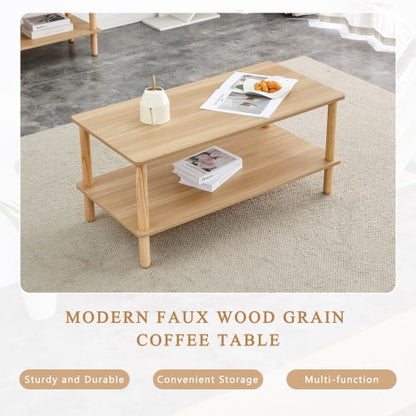 FFH Modern 2-Tier Coffee Table for Living Room Furniture,40 Inch Rectangular Center Table with Open Storage Shelf,Rounded Rubberwood legs,Stable and Durable,Easy Assembly