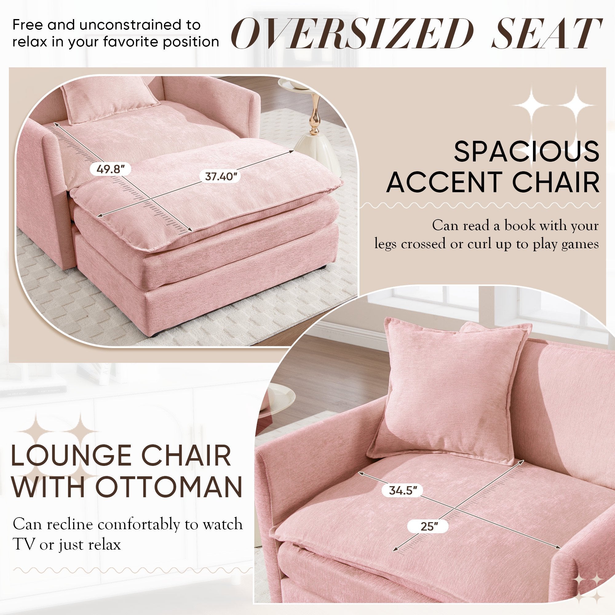 FFH Oversized Lounge Chair with Ottoman, Plush Cloud Accent Armchair for Living Room, Bedroom, Pink Chenille