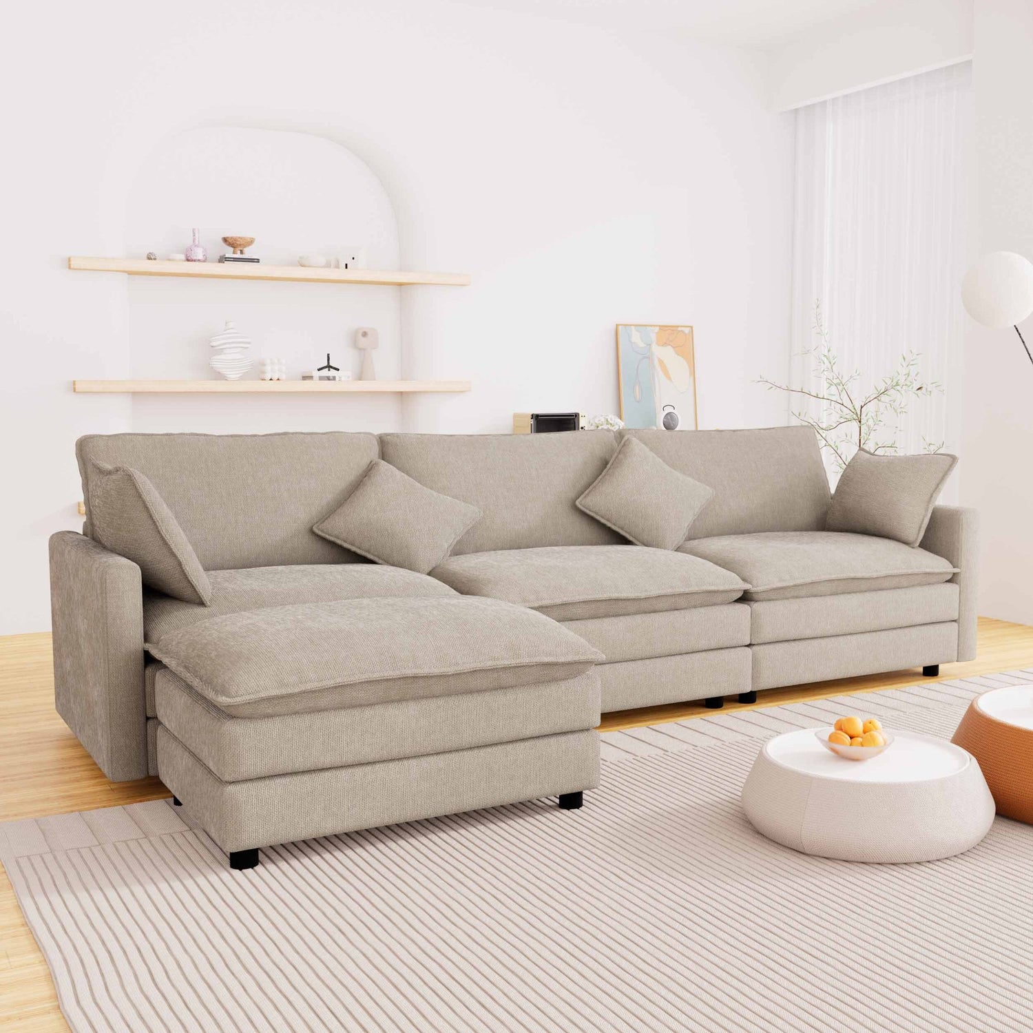 FFH Sectional Cloud Couch with Reversible Ottoman, L-Shaped Chenille Sofa for Living Room, Camel