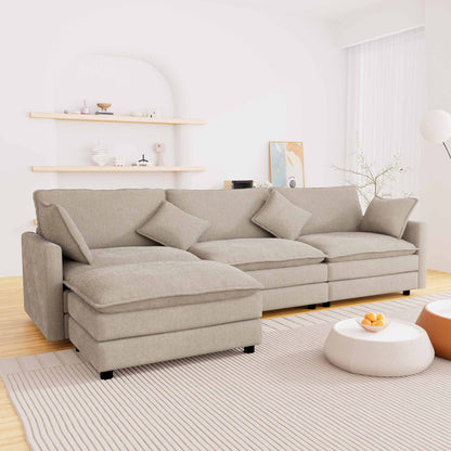 FFH Sectional Cloud Couch with Reversible Ottoman, L-Shaped Chenille Sofa for Living Room, Camel
