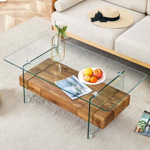 FFH 43.3 Inch Modern Coffee Table with Storage Drawer for Living Room,Clear Tempered Glass and Natural Wood Grain,Tea Table Suitable for Waiting Room,Side Coffee Table with Lower Shelf